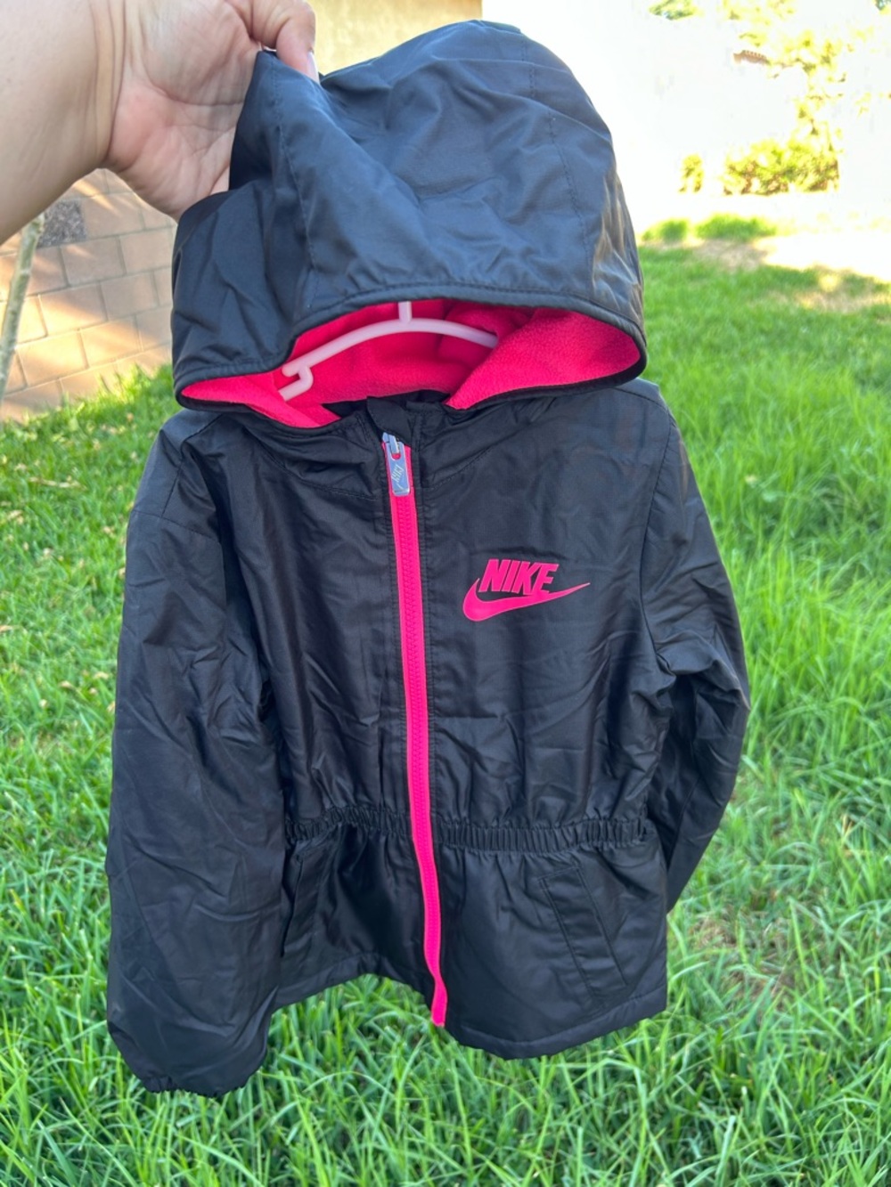 Nike Kids Black Jacket with Pink Accents Hooded Rain Shell